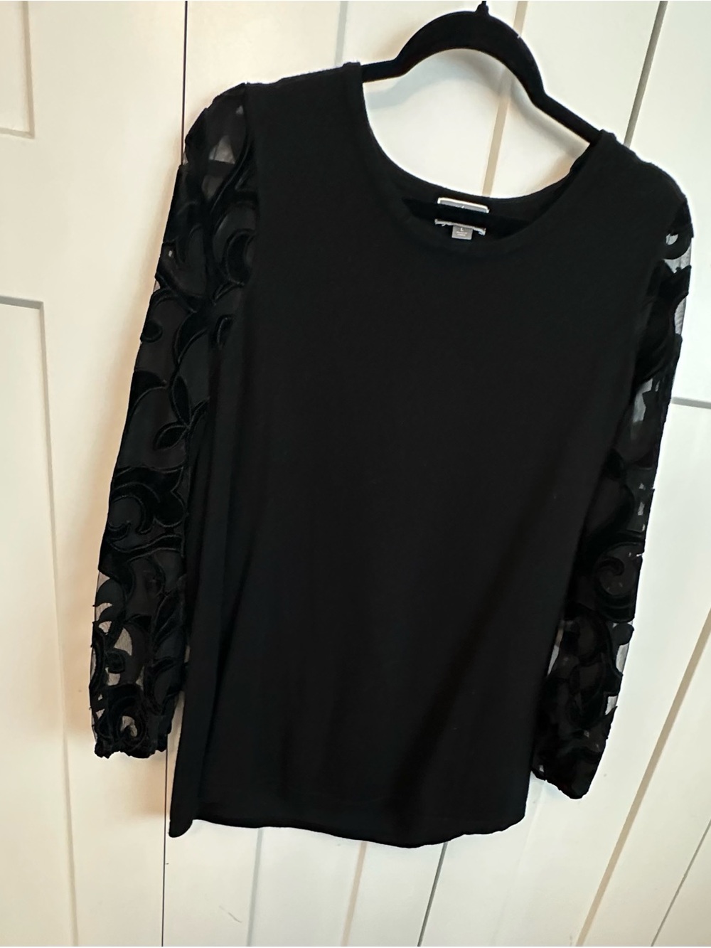 JM Collection Black Long-Sleeve Top with Sheer Appliqué Sleeves